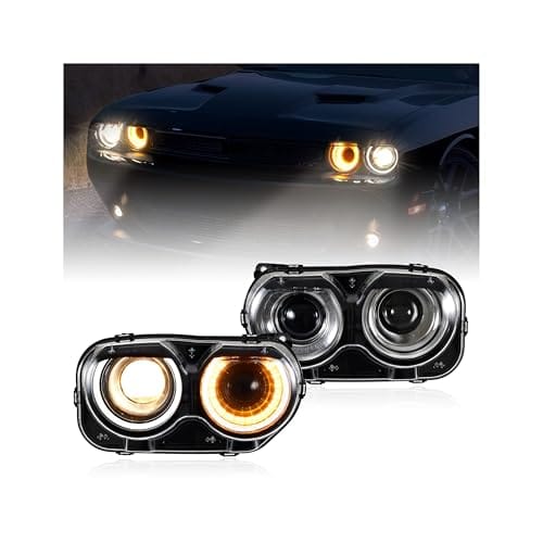 POKIAUTO LED Headlights for Dodge Challenger, Black Housing Halogen Projector wi...