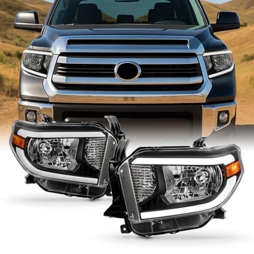 AKKON Black Headlight Pair for Toyota Tundra with LED DRL Running Light