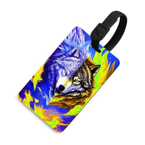 Wuxekzo Wide Luggage Bag Tags Waterproof Ice And Fire Flaming Cool Wolf Art B...