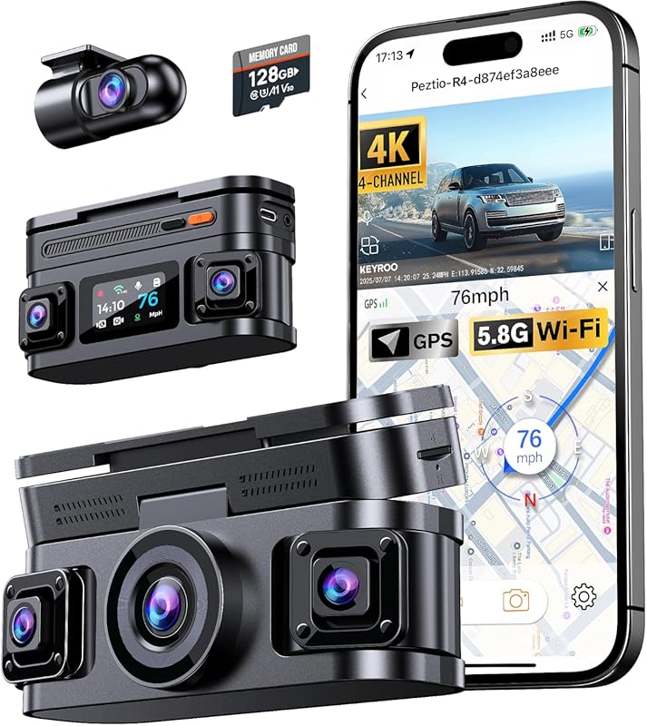 360° View 4K 4 Channel Dash Cam Front and Rear Inside Left Right, Buil
