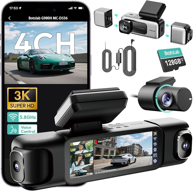 BOTSLAB 3K 4 Channel Dash Cam, 24/7 Parking Mode with Hardwire Kit, 56