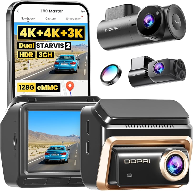 DDPAI Z90 Master 4K 3-Channel Dash Cam with STARVIS 2, AI Night Vision