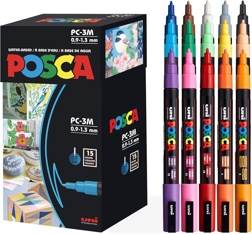 Fine Point Posca Paint Markers: 15 Colors for Canvas, Wood, Glass, and