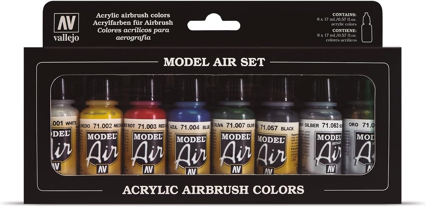Vallejo Model Air Basic Colors Acrylic Paint Set: 8 Pre-Thinned, Water