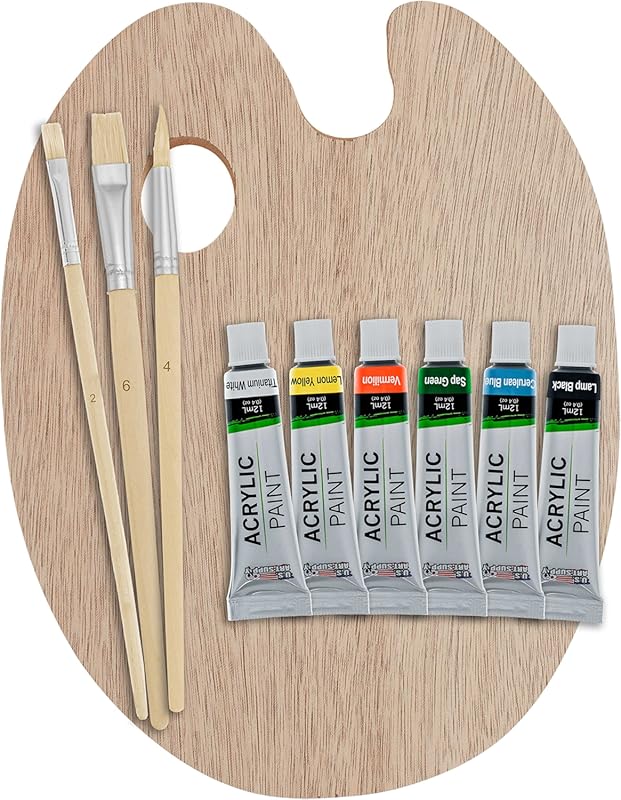U.S. Art Supply Wood Painting Palette Set with 6-Piece Acrylic Paint T
