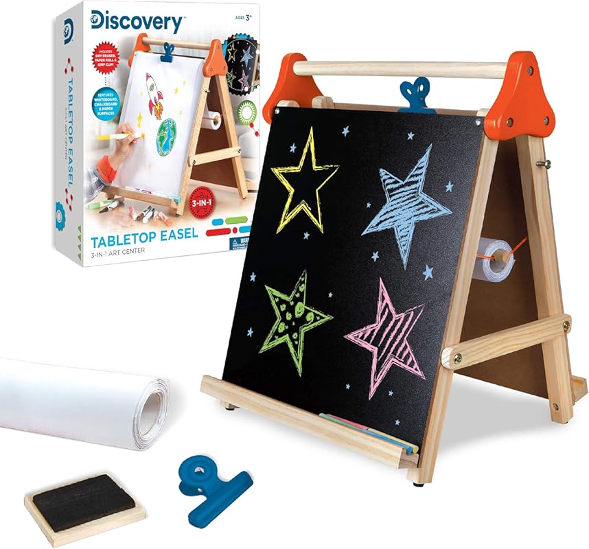 3-in-1 Tabletop Art Easel with Chalkboard, Dry Erase Board, and Paper 