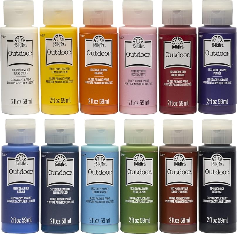 FolkArt Outdoor Gloss Acrylic Paint Set – 12 Bottles, 2 oz Each, Non-T