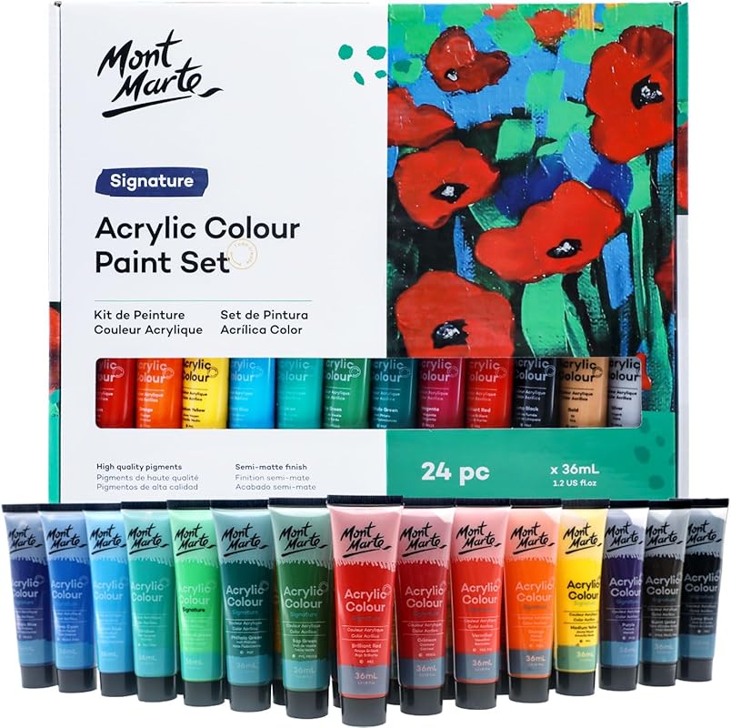 Mont Marte 24-Color Acrylic Paint Set, 36ml Tubes for Canvas and Craft