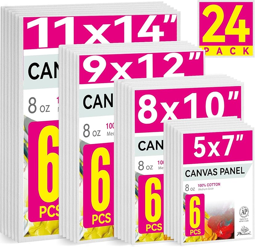 24-Pack Triple-Primed Cotton Canvas Panels for Acrylic and Oil Paintin