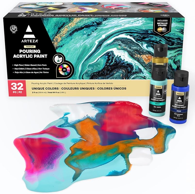 Acrylic Pouring Paint Set: 32 Assorted High Flow Colors for Beautiful 