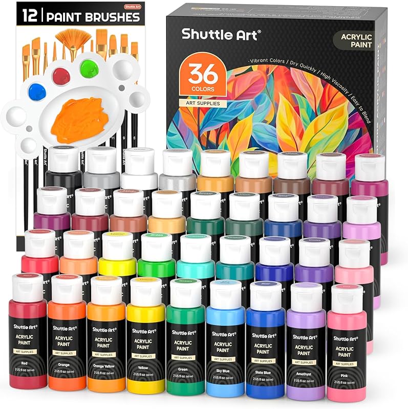 Shuttle Art 36 Colors Acrylic Paint Set with Brushes, Non-toxic, Rich 