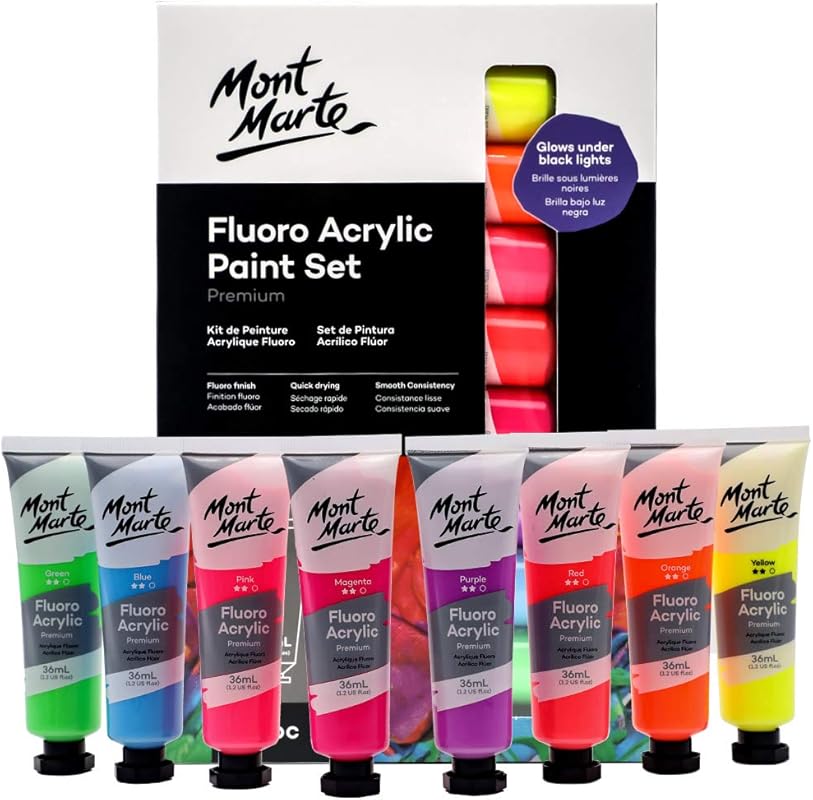 Mont Marte Fluorescent Acrylic Paint, 8 Tubes, 1.02 oz Each, Works on 