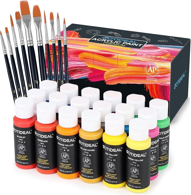 18-Color Acrylic Paint Set with Brushes for Canvas, Wood, and Ceramic 