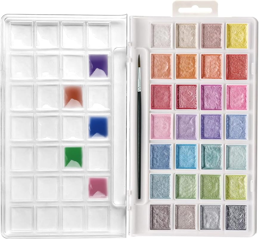 Artecho 28 Metallic Watercolor Paint Set, Glitter Colors, Semi-Moist P