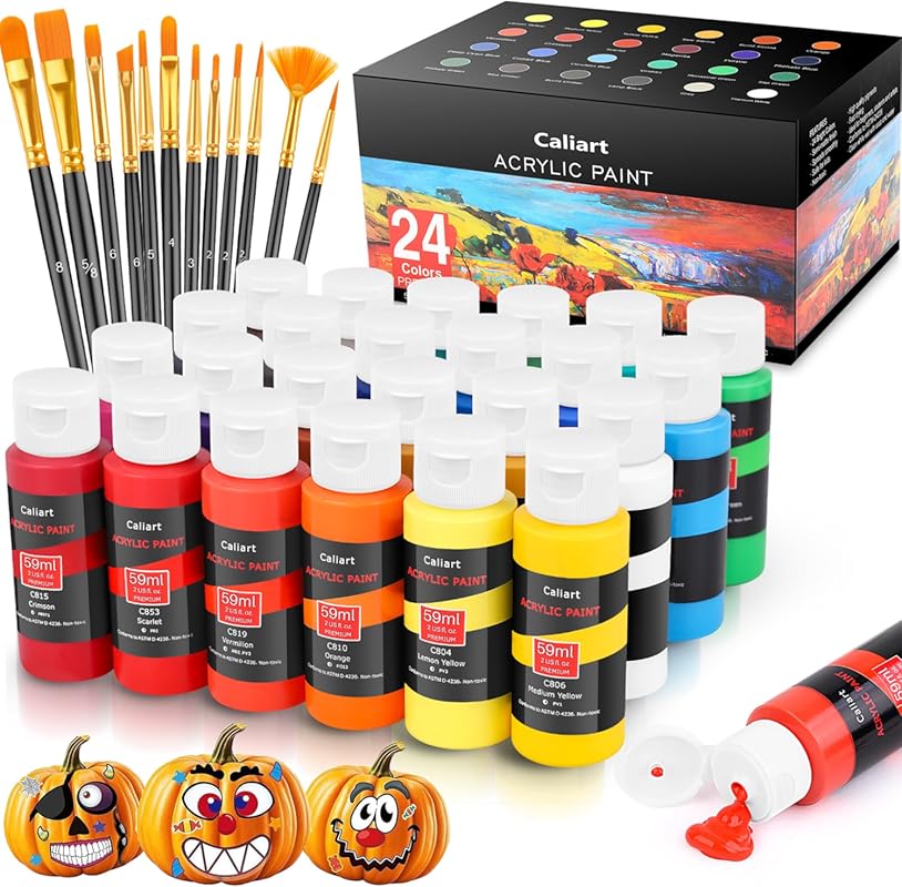 Caliart 24-Color Acrylic Paint Set with 12 Brushes, Ideal for Hallowee