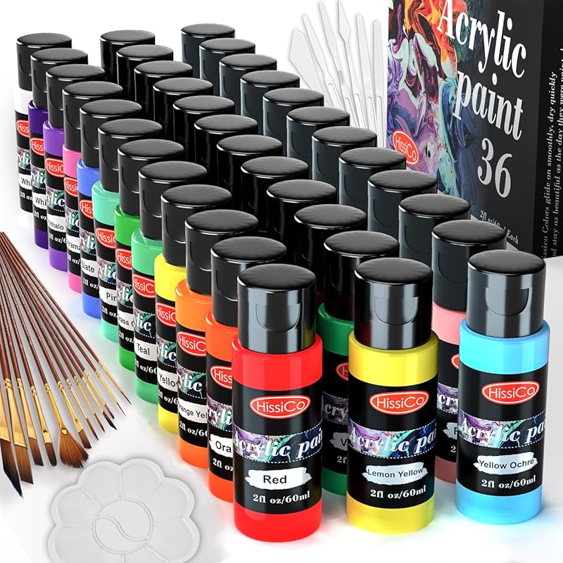 36 Colors Acrylic Paint Set with 12 Brushes, Non Toxic, Rich Pigment.