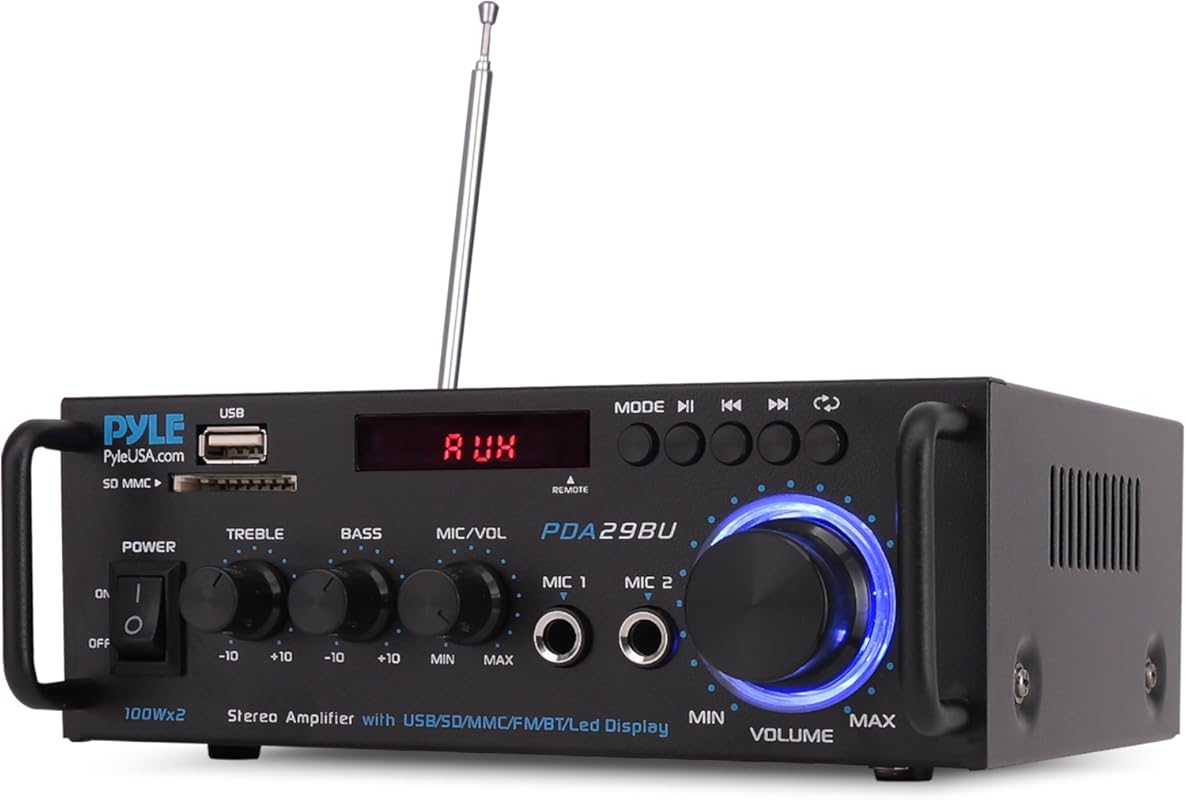 Pyle 200W Bluetooth 2 Channel Audio Amplifier with USB, AUX, and Mic I