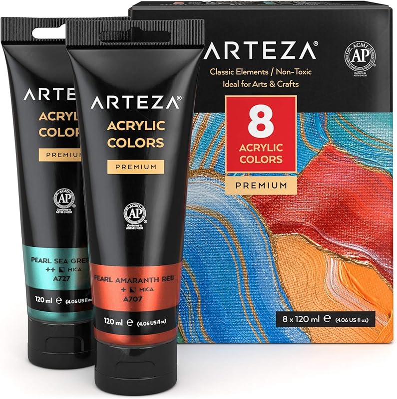 ARTEZA Metallic Acrylic Paint: 8 Classic Elements, Rich Pigment for Ar
