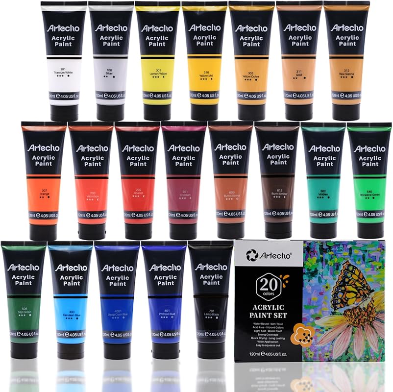 Artecho Professional Acrylic Paint Set, 20 Primary Colors  Tubes, Art 