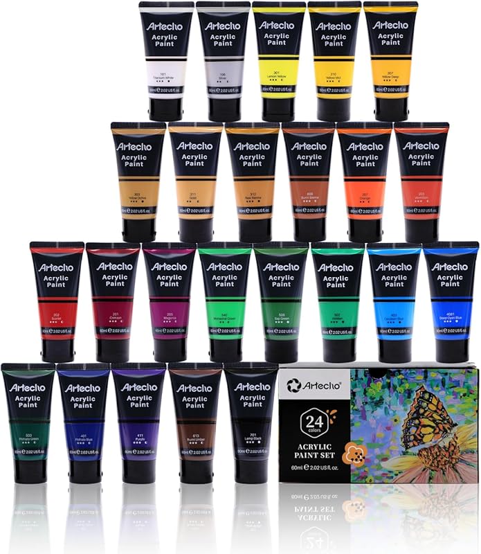 Artecho Acrylic Paint Set, 24 Colors in 2oz Tubes, for Wood Painting.