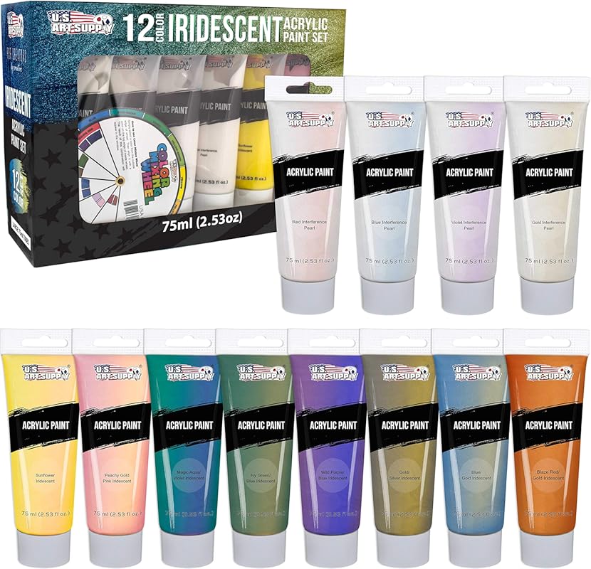 U.S. Art Supply 12-Color Iridescent Acrylic Paint Set – Perfect for Ca