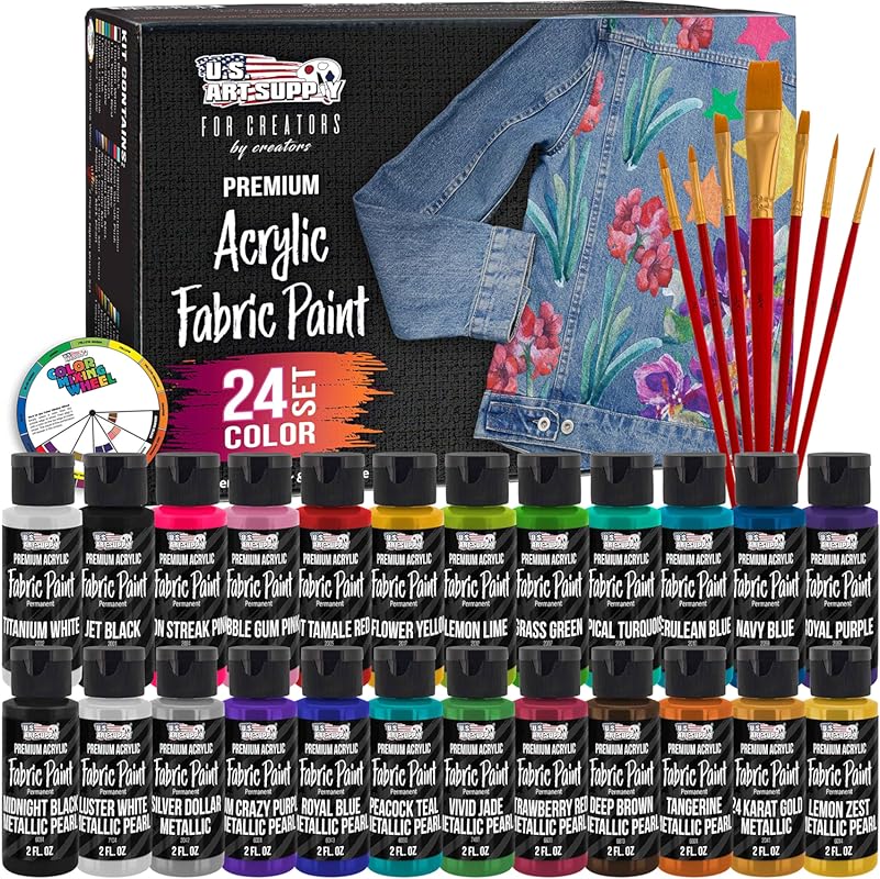 U.S. Art Supply 24 Color Permanent Acrylic Fabric Paint Set for Clothe