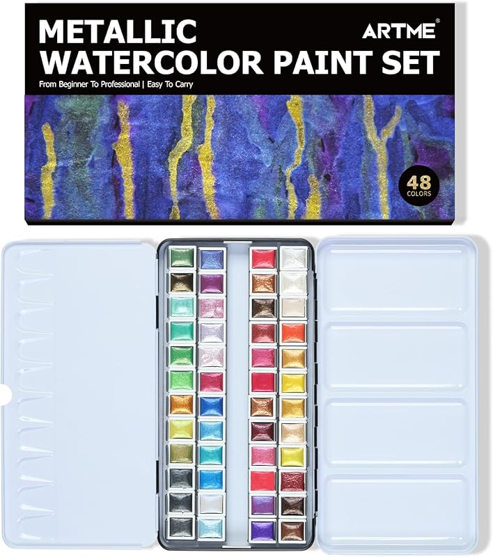 Metallic Watercolor Paint Set with 48 Glitter Colors for Artists and B