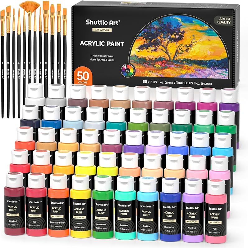 Shuttle Art Acrylic Paint, 50 Colors Acrylic Paint Set, 2oz/60ml Bottl