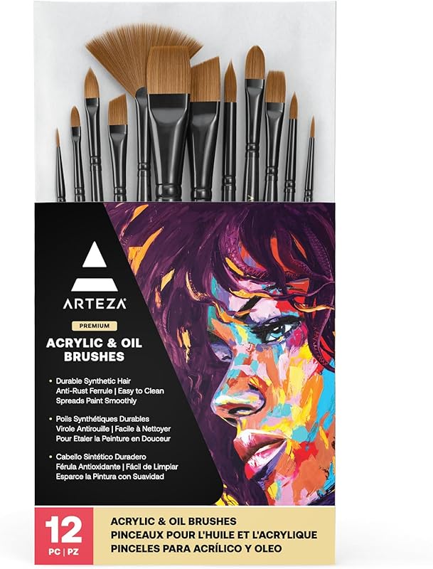 ARTEZA Paint Brushes, Set of 12, Premium Synthetic Brushes with Brass 
