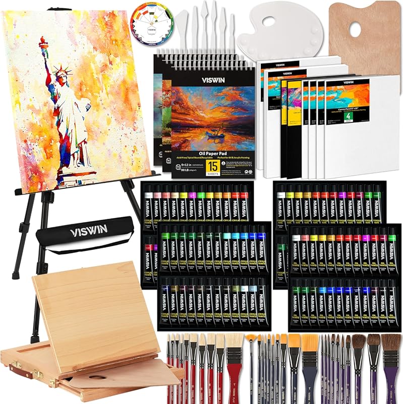 VISWIN All-in-One Art Kit with Beech Wood Easel, 96 Paint Colors, and 