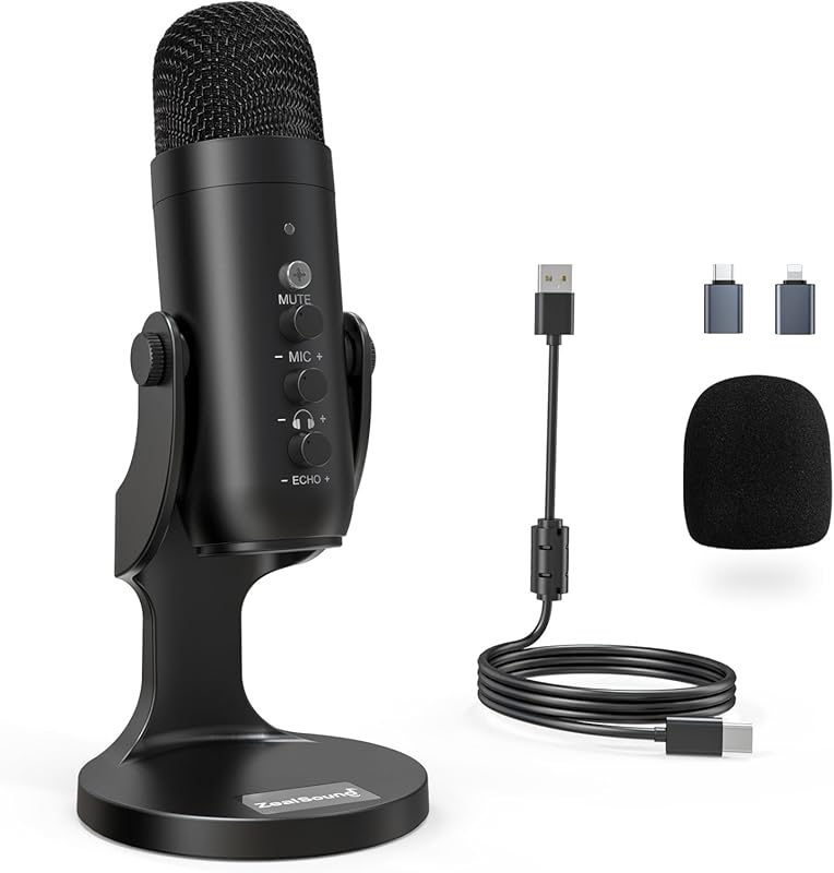 ZealSound USB Podcast Microphone for PC, Mobile, Mac with Noise Cancel