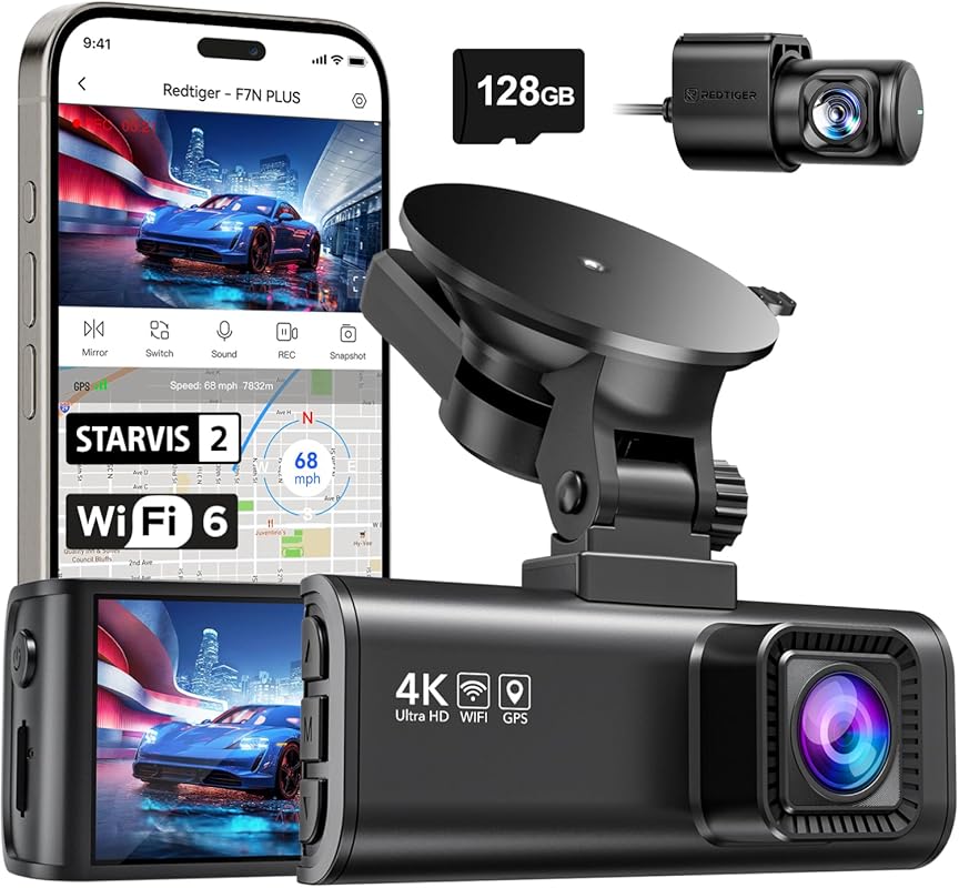 REDTIGER 4K Dual Dash Cam: STARVIS 2, WiFi, GPS, WDR Night Vision, 24H