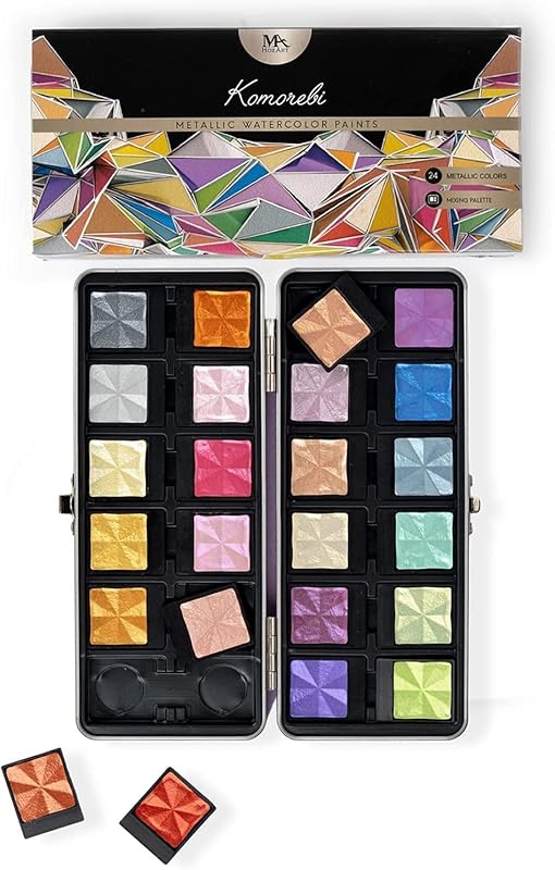 Professional Metallic Watercolor Set with 24 Shimmering Colors in Port