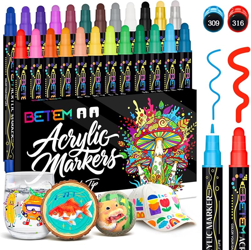 Betem 24 Colors Dual Tip Acrylic Paint Markers, Water-Based, for Fabri