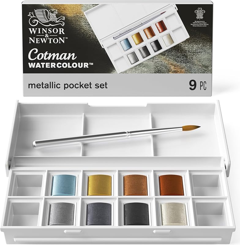 Winsor & Newton Metallic Watercolor Paint Set with 8 Half Pans and Bru