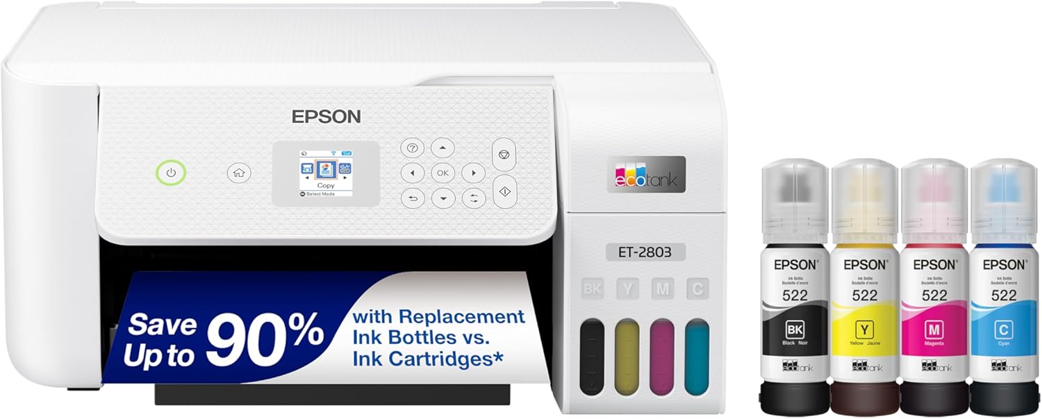 Epson EcoTank ET-2803 Wireless Color All-in-One Printer, ideal for cos