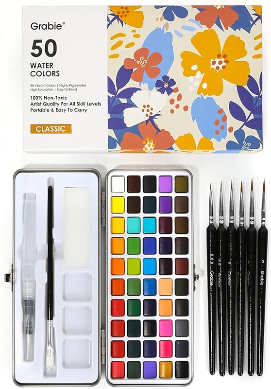 Grabie Travel Watercolor Paint Set with 50 Colors and Detail Brush for