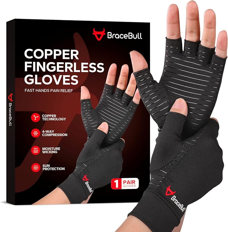 BraceBull Arthritis Gloves , Copper Infused Fingerless Compression Glo