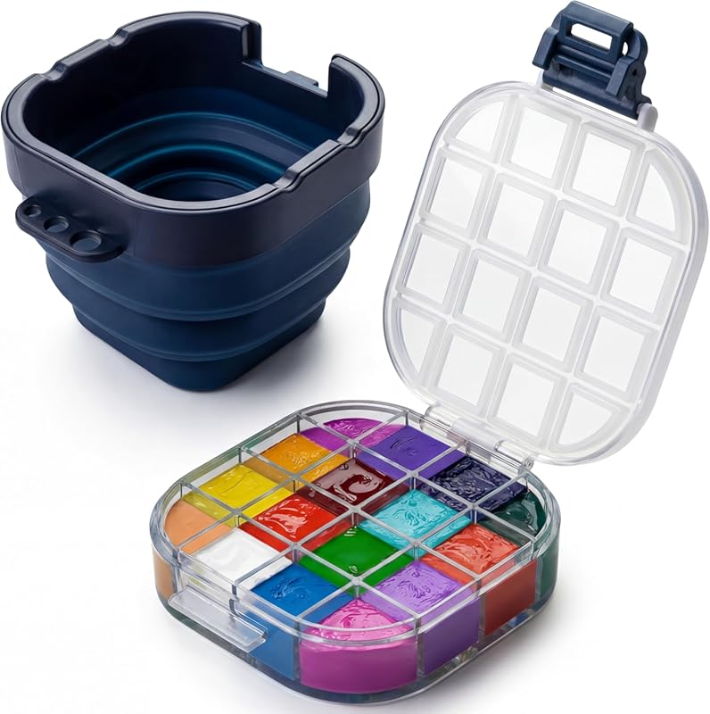 16-Well Airtight Watercolor Palette with Lid and Brush Basin for Acryl