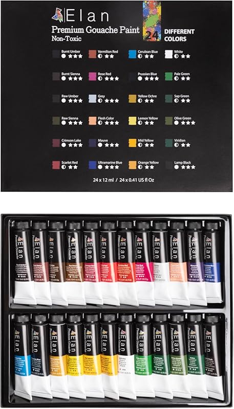 Elan Professional Gouache Paint Set, 24 Rich Colors Gouache Paint Tube