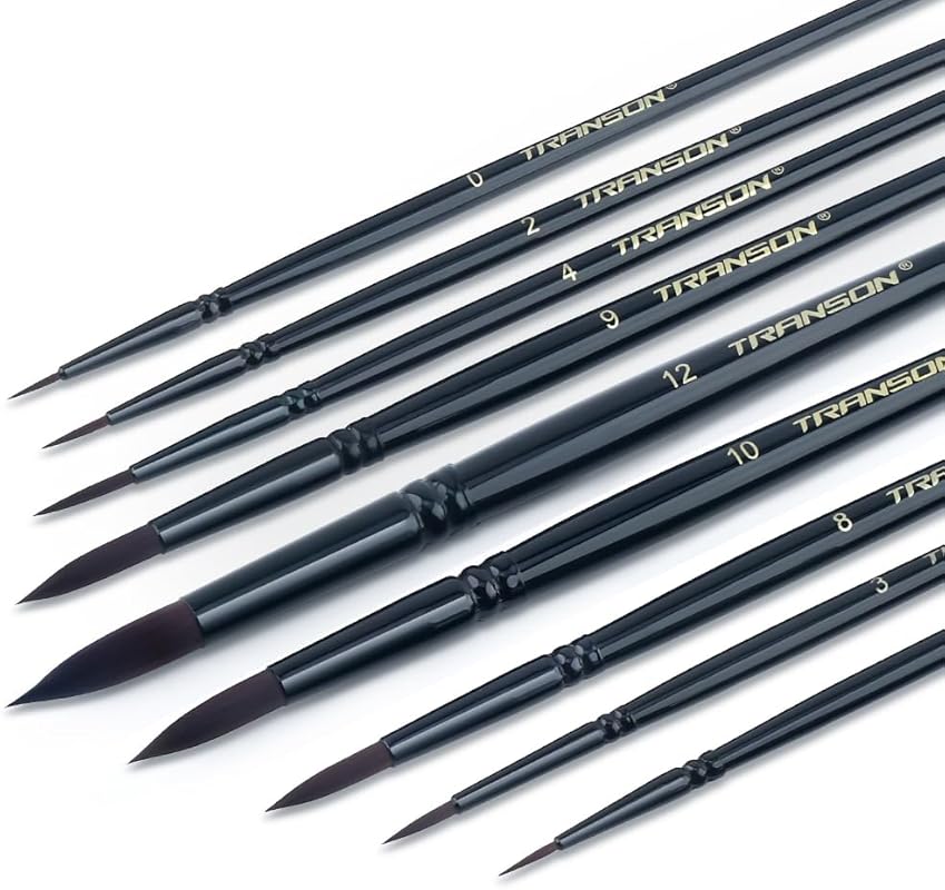 Transon Round Paint Brush Set 9pcs Synthetic Sable Hair for Acrylic Pa