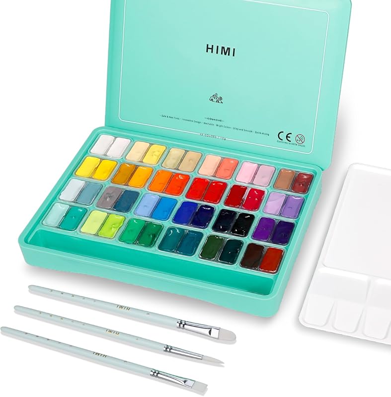HIMI 48-Color Gouache Paint Set with Brushes and Palette, Non-Toxic an