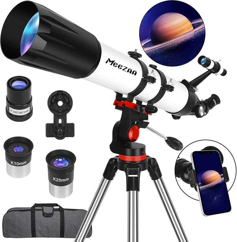 90mm Refractor Telescope for Beginners: 800mm, AZ Mount Tripod, Phone 