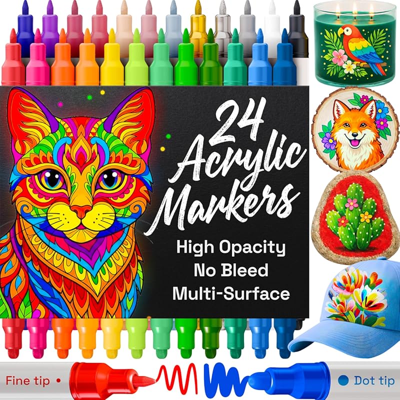 ARTISTRO 24 Acrylic Paint Markers for Rock, Fabric, Wood, Glass, Decor