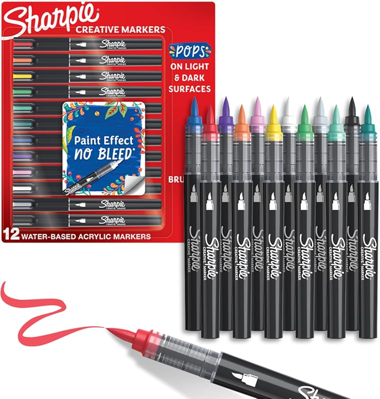Sharpie Water-Based Acrylic Paint Markers, Brush Tip, 12 Assorted Colo
