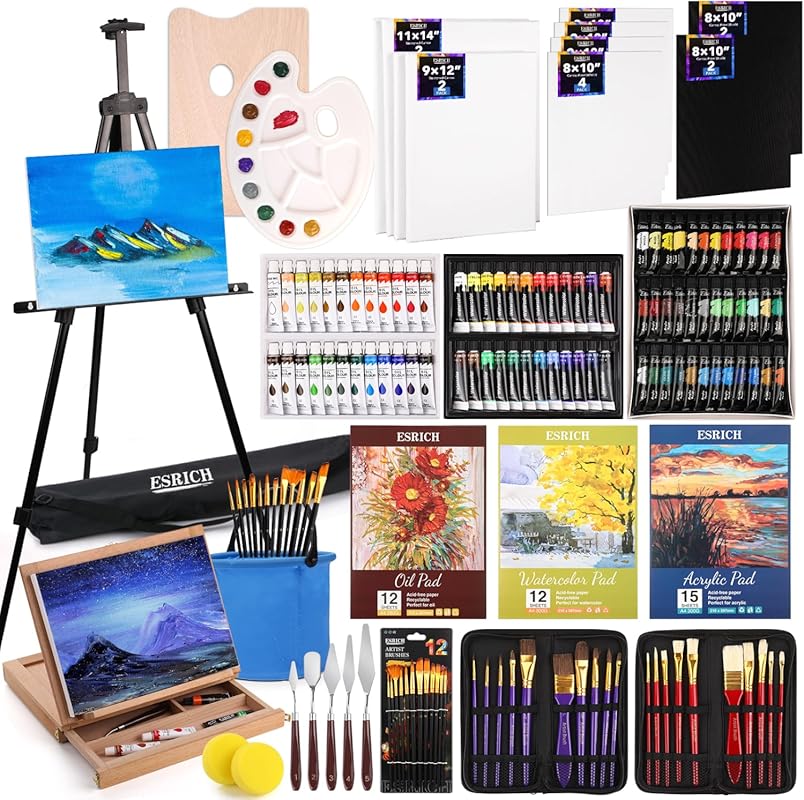 ESRICH 141-Piece Deluxe Painting Kit with Wooden Easel, 84 Paint Color
