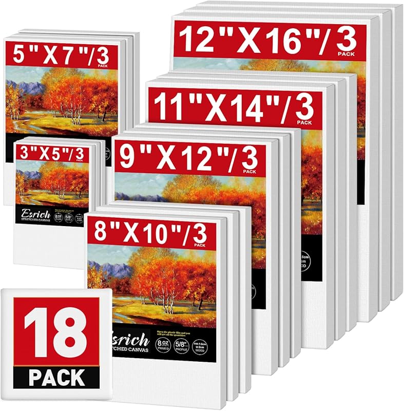 An excellent 18-pack of multi-size stretched canvases, cotton primed f