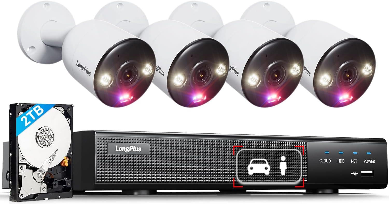 LongPlus 4K PoE Security System: 4 Wired Outdoor Cameras, Person/Vehic
