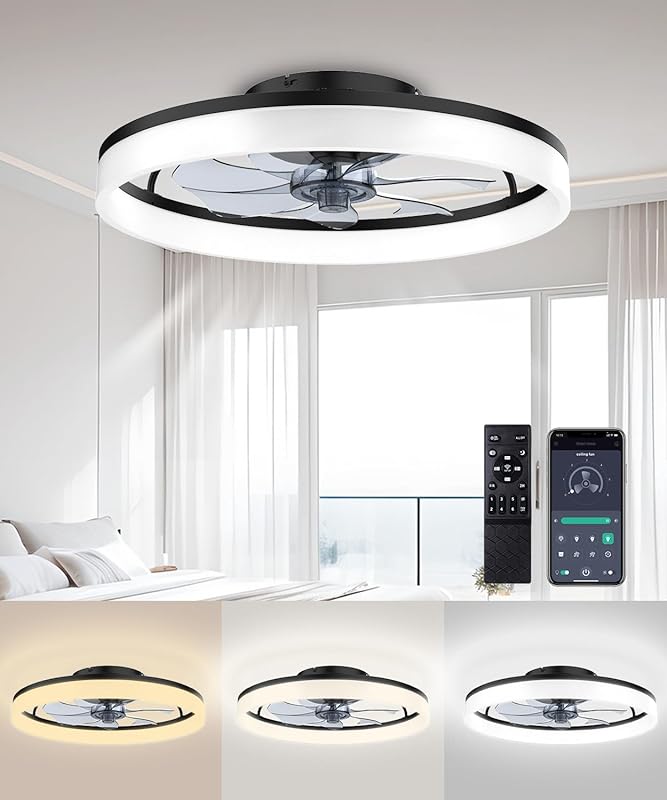 Modern Low Profile 20-inch Black Ceiling Fan, Dimmable LED Light, Quie