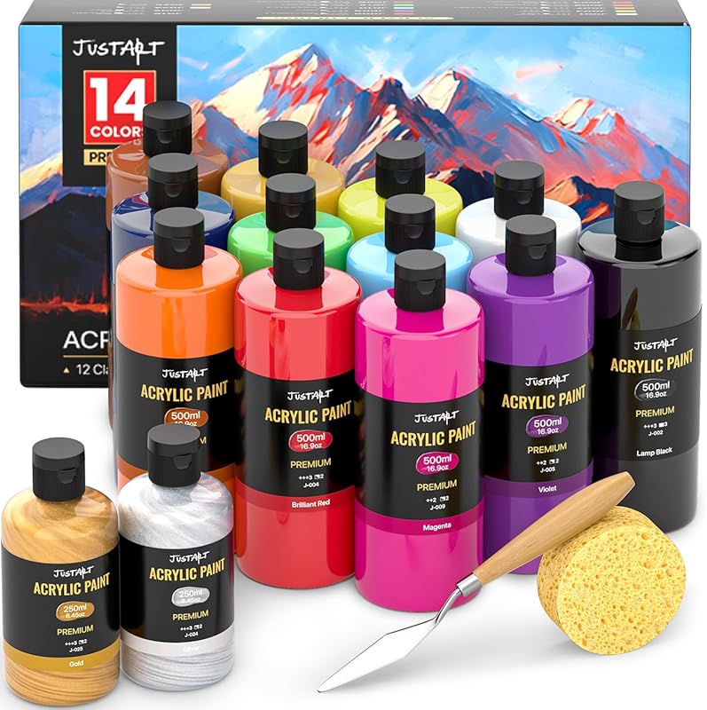 JusArt 14 Colors Large Bulk Acrylic Paint Set with Gold and Silver for